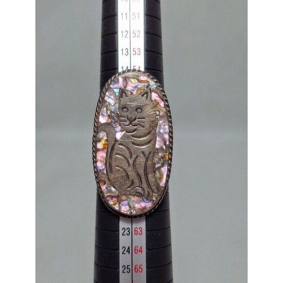 Vintage 925 Sterling Silver Abalone Shell Cat Ring, Hecho en Mexico, Size 8. - Picture 2 of 9